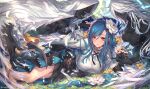  1boy 2girls angel_wings artist_name bare_legs black_flower black_gloves black_skirt blue_hair blush braid braided_ponytail breasts colored_skin commentary_request dizzy_(guilty_gear) eyelashes fingerless_gloves flower front_slit gloves grass group_picture guilty_gear guilty_gear_strive hair_between_eyes hair_flower hair_ornament highres large_breasts long_hair long_skirt low-tied_long_hair lying mature_female multiple_girls necro_(guilty_gear) on_grass on_side open_mouth oro_(sumakaita) outdoors queen_dizzy red_eyes ribbon shirt sidelocks skirt swept_bangs tail tail_ornament tail_ribbon thighs twitter_username undine_(guilty_gear) white_flower white_hair white_shirt wings yellow_flower 