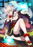  alteil animal_ears breasts cleavage fan fantasy feet flower green_nails japanese_clothes legs medium_breasts miogrobin multiple_tails nail_polish platform_footwear reaching sandals sitting solo tail white_hair yellow_eyes 