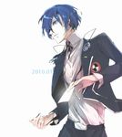  35 bad_id bad_pixiv_id blue_eyes blue_hair digital_media_player hair_over_one_eye headphones male_focus persona persona_3 ribbon school_uniform solo yuuki_makoto 