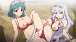  2girls armlet bikini bikini_bottom_aside bow bow_hairband bracelet breasts breasts_out censored closed_mouth clothing_aside colomoten commentary_request commission english_commentary female_ejaculation green_hair hairband hand_on_another&#039;s_leg harem_outfit idolmaster idolmaster_million_live! idolmaster_million_live!_theater_days jewelry large_breasts licking_lips looking_at_viewer medium_hair mixed-language_commentary mosaic_censoring multiple_girls navel necklace nipples orange_eyes pixiv_commission purple_eyes purple_hair pussy red_bikini sand shijou_takane smile sweat swimsuit tokugawa_matsuri tongue tongue_out tribadism white_bow yuri 