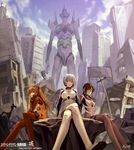  arm_support as109 ayanami_rei blue_eyes blue_hair bodysuit breasts brown_hair chin_rest city commentary_request crossed_legs eva_01 evangelion:_2.0_you_can_(not)_advance glasses hairband highres long_hair makinami_mari_illustrious mecha medium_breasts multicolored multicolored_bodysuit multicolored_clothes multiple_girls neon_genesis_evangelion orange_bodysuit plugsuit rebuild_of_evangelion red_bodysuit red_eyes ruins shikinami_asuka_langley short_hair sitting small_breasts souryuu_asuka_langley test_plugsuit twintails white_bodysuit 