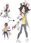  1girl absurdres agnes_tachyon_(umamusume) ahoge animal_ears arrow_(symbol) black_hair blue_archive chi-iz demon_horns fusion hair_between_eyes hair_intakes halo highres horns horse_ears horse_girl horse_tail kasumi_(blue_archive) lab_coat long_hair reference_inset shirt sleeves_past_wrists tail umamusume 