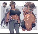  1girl abs adversarial_noise bandeau belt black_bandeau black_gloves black_nails black_tube_top blowing_kiss borrowed_character breasts chibi choker colored_tips commentary commission cropped_torso dark-skinned_female dark_skin earrings english_commentary feet_out_of_frame fingerless_gloves gloves gram_quartz green_eyes grey_eyes grey_hair grey_jacket grey_pants hair_between_eyes heart heterochromia highres jacket jacket_on_shoulders jewelry large_breasts long_hair long_sleeves looking_at_viewer mole mole_under_mouth multicolored_hair multiple_views muscular muscular_female open_clothes open_jacket original pants panty_straps scar scar_across_eye scar_on_face skeb_commission smile stomach strapless suit_jacket trachynbryda_(newosanwastaken) tube_top 