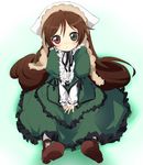  blush brown_hair dress heterochromia ixy long_hair rozen_maiden sitting solo suiseiseki 