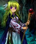  blonde_hair blush braid cape copyright_request long_hair mutsuki_(moonknives) pointy_ears purple_eyes solo staff 