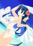  ass beach bikini blue_eyes blue_hair bracelet breasts cleavage cloud day flat_ass flower hair_flower hair_ornament hibiscus himemiya_aoi jewelry kusakabe_yuuki_(to_heart_2) long_hair medium_breasts non-web_source outdoors side-tie_bikini sky solo swimsuit to_heart_2 towel very_long_hair 