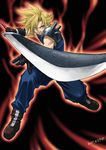  aura blonde_hair blue_eyes buster_sword cloud_strife final_fantasy final_fantasy_vii huge_weapon kedo_mitsuharu mako_eyes male_focus solo spiked_hair sword weapon 