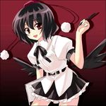  black_hair black_wings hat looking_at_viewer notebook open_mouth pencil red_eyes shameimaru_aya short_hair smile solo touhou touya_(the-moon) wings wooden_pencil 