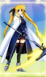  bardiche blonde_hair cloak duplicate energy_blade fate_testarossa gloves long_hair lyrical_nanoha mahou_shoujo_lyrical_nanoha_strikers non-web_source okuda_yasuhiro scythe solo thighhighs twintails 