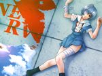  ayanami_rei bandages blue_hair eyepatch kakizaka_hachishika lying neon_genesis_evangelion non-web_source red_eyes school_uniform short_hair solo unbuttoned 