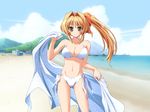  beach bikini blonde_hair brown_eyes day game_cg hinata_mutsuki kinoshita_rumi long_hair non-web_source outdoors pia_carrot_(series) pia_carrot_e_youkoso!! ponytail side-tie_bikini solo swimsuit towel 