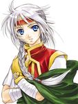  akizuki_wataru blue_eyes braid cloak freyjadour_falenas gensou_suikoden gensou_suikoden_v headband male_focus silver_hair solo 