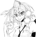  :d evil_smile greyscale grin hat hikawa_shou holding looking_at_viewer monochrome necktie open_mouth pom_pom_(clothes) puffy_short_sleeves puffy_sleeves shameimaru_aya short_sleeves simple_background smile solo tokin_hat touhou upper_body white_background 