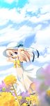  blonde_hair blue_eyes cloud copyright_request day dress flower hat ribbon sakura_mikan_(chirizakura) sky smile solo sundress 