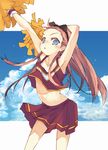  armpits blue_eyes brown_hair cheerleader cloud day hairband idolmaster idolmaster_(classic) idolmaster_1 kitano_yuusuke long_hair midriff minase_iori miniskirt pom_poms skirt solo 