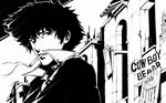  cigarette copyright_name cowboy_bebop greyscale ina_(gokihoihoi) male_focus monochrome popped_collar smoking solo spike_spiegel 