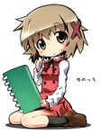  black_legwear brown_eyes brown_hair hair_ornament hidamari_sketch izuno_kenta long_sleeves pencil school_uniform short_hair sketchbook socks solo x_hair_ornament yuno 