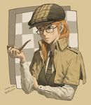  bigunit detective genderswap genderswap_(mtf) glasses hat holding holding_pipe necktie pipe red_hair sherlock_holmes smoking solo the_adventures_of_sherlock_holmes waistcoat 