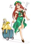  1girl beret blue_eyes braid china_dress chinese_clothes dress full_body green_dress hand_truck hat hong_meiling long_hair monster morisoban red_hair running shoes simple_background sitting solo star surprised touhou twin_braids very_long_hair wheel white_background 