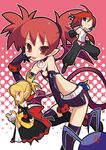  2girls :p adell_(disgaea) bat_wings black_pants blonde_hair bow demon_girl detached_sleeves disgaea dress earrings etna gloves hair_ornament imaizumi_teruhiko jewelry makai_senki_disgaea_2 multiple_girls pants pointy_ears red_eyes red_hair ring rozalin tail thighhighs tink_(disgaea) tongue tongue_out twintails wings yellow_bow 