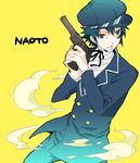  androgynous bad_id bad_pixiv_id blue_eyes blue_hair cabbie_hat dust gun hat meko persona persona_4 reverse_trap shirogane_naoto short_hair smoke solo weapon 