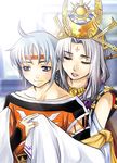 1girl arshtat_falenas blue_eyes closed_eyes crown dress facial_mark forehead_mark freyjadour_falenas gensou_suikoden gensou_suikoden_v headband hug hug_from_behind ism_(inc) lipstick long_hair makeup mother_and_son silver_hair smile 