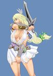  armor armored_dress arms_up belt blonde_hair blue_background blue_eyes braid breasts cleavage gauntlets hair_ornament jewelry large_breasts legs long_hair masato_(mk) see-through shoulder_pads sideboob single_braid sophitia_alexandra soulcalibur sword thighs weapon 