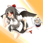  animal_ears black_hair black_wings blush bra clothes_theft flying geta hat hiraga_matsuri inubashiri_momiji lingerie multiple_girls panties red_eyes saliva shameimaru_aya short_hair skirt tail tengu-geta theft touhou translated underwear underwear_theft white_hair wings wolf_ears wolf_tail 