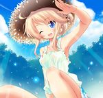  ahoge armpits bad_id bad_pixiv_id bare_legs blonde_hair blue_eyes blush cloud day dress esia_mariveninne fang hat komone_ushio one_eye_closed open_mouth original salute sky smile solo straw_hat sundress 