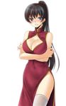  bangs bare_arms bare_shoulders black_hair blue_eyes blue_hair blush breast_hold breasts china_dress chinese_clothes cleavage cleavage_cutout cowboy_shot crossed_arms dress jyuru large_breasts long_hair looking_at_viewer open_mouth original ponytail side_slit simple_background sleeveless sleeveless_dress solo thighhighs 
