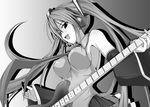  armpits bare_shoulders breasts covered_nipples detached_sleeves greyscale guitar hatsune_miku instrument long_hair medium_breasts monochrome open_mouth satofuji_masato smile solo twintails very_long_hair vocaloid 