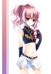  anya_alstreim arm_at_side bangs belt black_gloves code_geass cowboy_shot elbow_gloves flat_chest gloves hair_ornament knights_of_the_round_uniform long_hair looking_at_viewer midriff navel pink_eyes pink_hair ponytail red_eyes shorts sleeveless solo stomach suzushiro_kurumi white_background white_shorts 