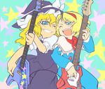  alice_margatroid band bass_guitar blonde_hair guitar hamahara_yoshio highres instrument kirisame_marisa multiple_girls one_eye_closed smile touhou 