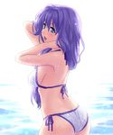  ass bikini blue_eyes braid hair_over_shoulder kanon long_hair mature minase_akiko oekaki open_mouth purple_hair side-tie_bikini single_braid solo swimsuit water wet zen 