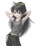  armpits arms_behind_head baggy_pants belt black_hair blue_eyes casual flat_chest ganaha_hibiki idolmaster idolmaster_(classic) idolmaster_1 long_hair nekopuchi pants ponytail smile solo tank_top 