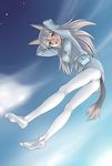  :d arms_up ass blue_eyes eila_ilmatar_juutilainen feet from_above from_behind long_hair looking_at_viewer looking_back open_mouth pantyhose satou_atsuki silver_hair smile solo strike_witches white_legwear world_witches_series 