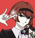  \m/ bad_id bad_pixiv_id black_eyes bob_cut bow brooch brown_hair expressionless hairband jewelry looking_at_viewer macross macross_frontier microphone pale_skin parody portrait r_dorothy_wayneright red_background seikan_hikou short_hair simple_background sparkle the_big_o ug_(ugg) 