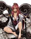  baiken breasts cleavage guilty_gear highres japanese_clothes katana large_breasts lips long_hair moeshimo_(pixiv) obi one-eyed ponytail red_eyes red_hair sash scar scar_across_eye sitting solo sword weapon 