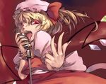  blonde_hair fangs flandre_scarlet hat licking microphone microphone_stand mikage_sekizai ponytail red_eyes ribbon short_hair solo tongue touhou wings 
