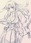  blue breasts cleavage gradient gradient_background headband japanese_clothes katana large_breasts long_hair monochrome queen's_blade redrop solo sword tomoe weapon 