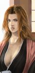  bad_source bleach blue_eyes breasts cleavage idnar large_breasts lips long_hair matsumoto_rangiku mole mole_under_mouth orange_hair realistic solo 