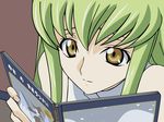  bare_shoulders book c.c. code_geass green_hair highres holding holding_book open_book reading sidelocks solo upper_body vector_trace yellow_eyes 