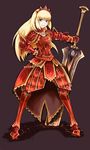  armor armored_dress blonde_hair blue_eyes crown hat huge_weapon ina_(gokihoihoi) long_hair monster_hunter smile solo sword teostra_(armor) weapon 