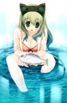  :d animal_ears blue_hair blush breasts cat_ears cat_tail cleavage copyright_request fake_animal_ears fish gradient_hair green_eyes green_hair hanpen large_breasts long_hair multicolored_hair open_clothes open_mouth open_shirt shirt sitting smile soaking_feet solo tail water wet 