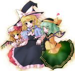  blonde_hair bow flandre_scarlet green_hair hat heart kirisame_marisa komeiji_koishi long_hair multiple_girls naik ponytail ribbon short_hair touhou wings yellow_bow 