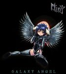  album_cover animal_ears blue_hair boots character_name copyright_name cover galaxy_angel gothic judas_priest kaiga leotard metal mint_blancmanche non-web_source parody short_hair solo thigh_boots thighhighs wings yellow_eyes 