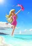  beach blonde_hair blush cloud copyright_request day dress green_eyes hat outdoors paula_pink pink_skirt skirt sky solo water 