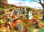  battle blonde_hair charlotte_(seiken_densetsu_3) flail hawkeye knife kouno_hikaru multiple_girls polearm rabite riesz seiken_densetsu seiken_densetsu_3 spear weapon 