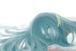 artist_request green_eyes green_hair higurashi_no_naku_koro_ni long_hair lying ribbon solo sonozaki_shion 
