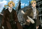  ahoge alphonse_heiderich blonde_hair blue_eyes building city cloud coat conqueror_of_shambala day dress_shirt edward_elric fullmetal_alchemist gloves hand_in_pocket highres itou_yoshiyuki long_hair male_focus multiple_boys official_art open_clothes open_coat outdoors pants ponytail scan scroll shirt sky suspenders trench_coat walking yellow_eyes 